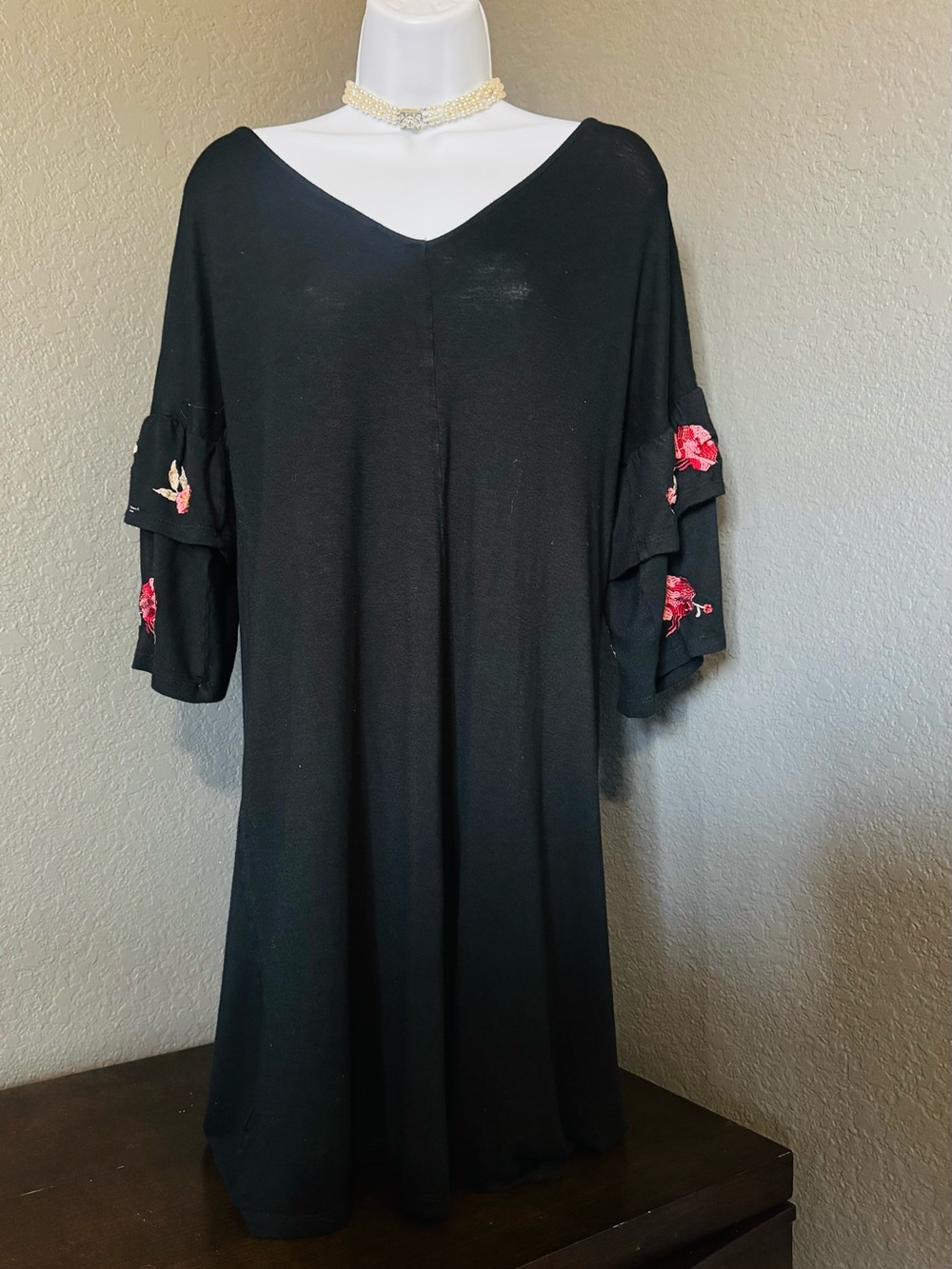 Black Flutter Sleeve Dress with Pink Rose Embroidery
